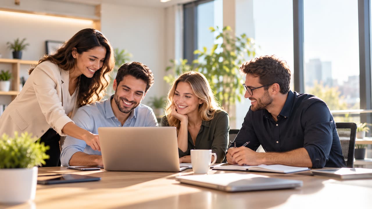 A small team gathered around a laptop in a bright office, smiling as they review their work together